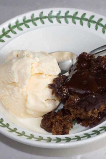 No-Egg Slow Cooker Chocolate Pudding Cake served with a scoop of vanilla ice cream.
