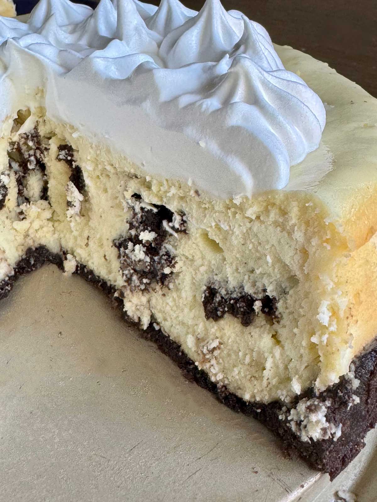 An Oreo Cheesecake recipe with whipped egg whites folded in for fluffiness. This picture shows texture.