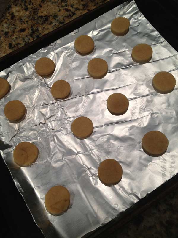 Homemade cookie base for Whippets chocolate covered marshmallow cookies.