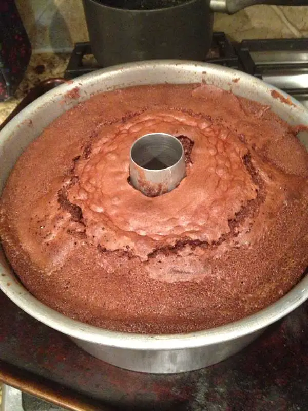 Picture of chocolate pound cake in a tube pan.