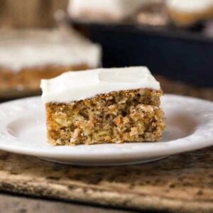 A less-sweet carrot cake recipe baked in a 9-inch square pan.