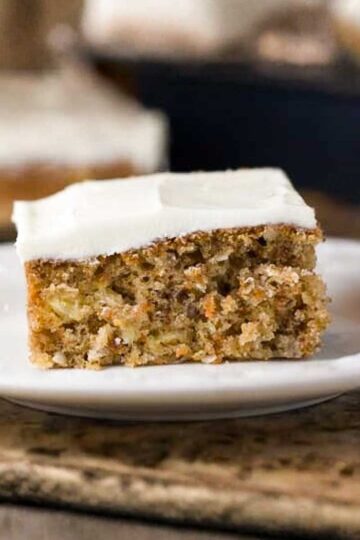 A less-sweet carrot cake recipe baked in a 9-inch square pan.