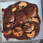Peanut Butter Pretzel Bark made with allulose sweetened chocolate and protein pretzels.