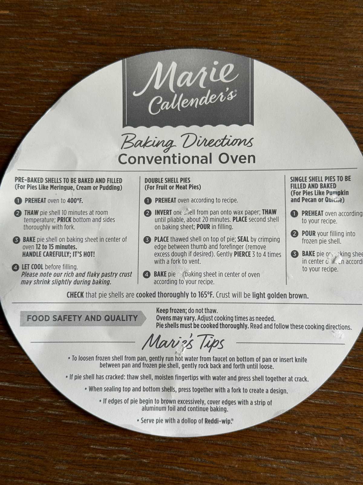 Directions for baking a frozen Marie Callender's pie crust before filling.