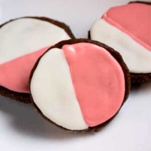 Recipe for Pink and Whites, Black and White cookies with a chocolate sugar cookie base.