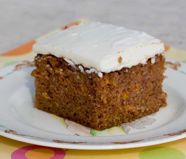 carrot cake baked in a glass dish