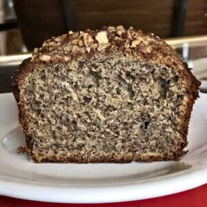 Ground flaxseed banana bread cut to show texture.