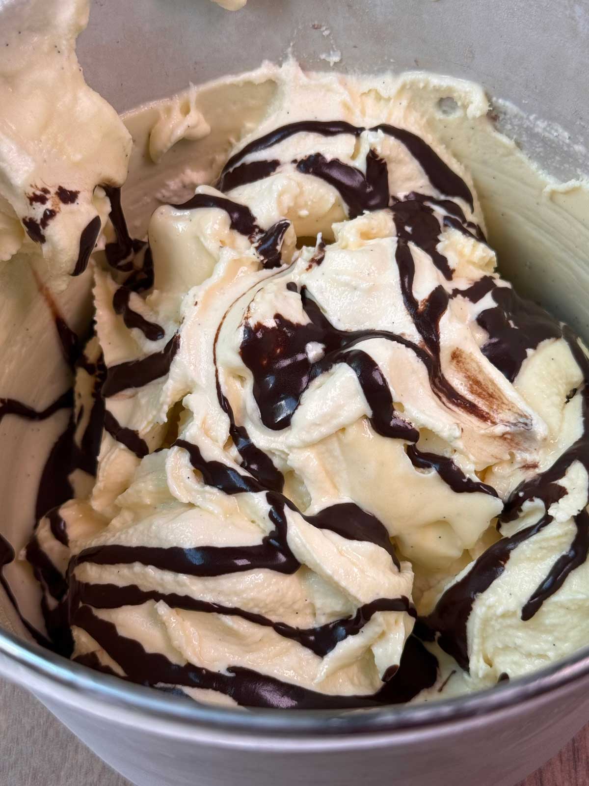 Mexican vanilla ice cream with Dana Kree's ganache chocolate swirl recipe.