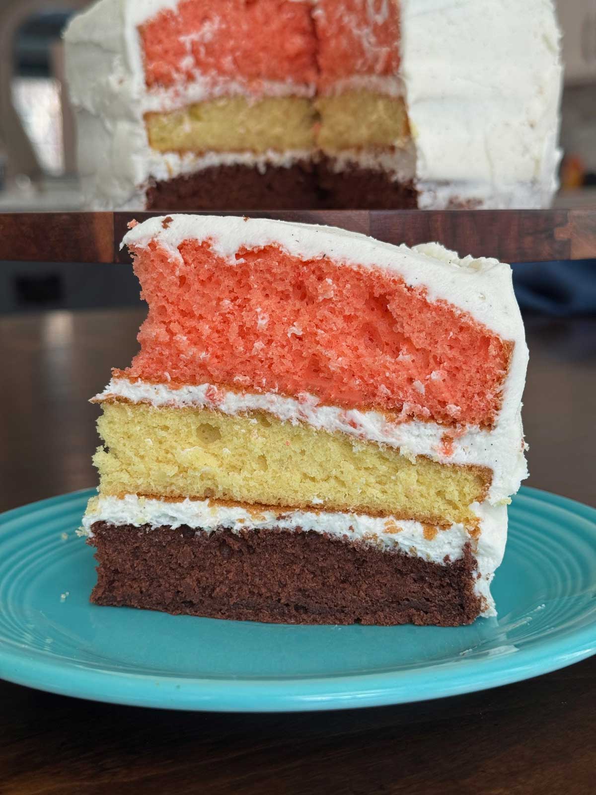 A Neapolitan layer cake made with one box of yellow cake mix.