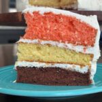 A Neapolitan layer cake made with one box of yellow cake mix.