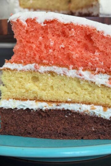 A Neapolitan layer cake made with one box of yellow cake mix.