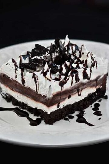 Layered Chocolate Dessert also known as Chocolate Lasagna made in an 8-inch square pan.