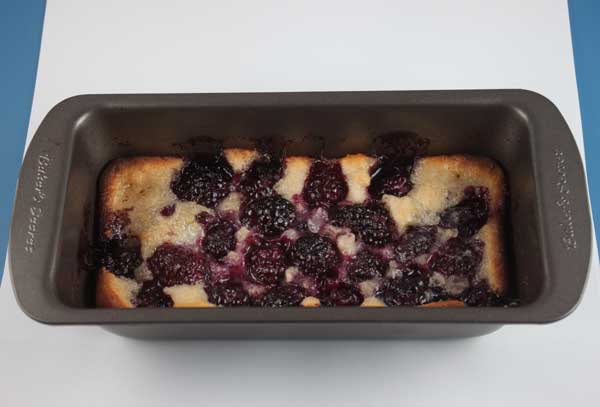 blackberry cobbler for two baked in a small loaf pan.