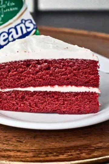 Favorite Red Velvet Cake recipe with two layers and a cream cheese frosting.