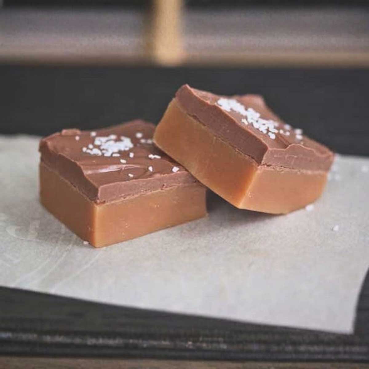A recipe for chocolate covered caramels topped with sea salt.