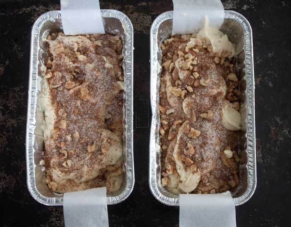 Soft cinnamon sour cream coffee cake baked in loaf pans.
