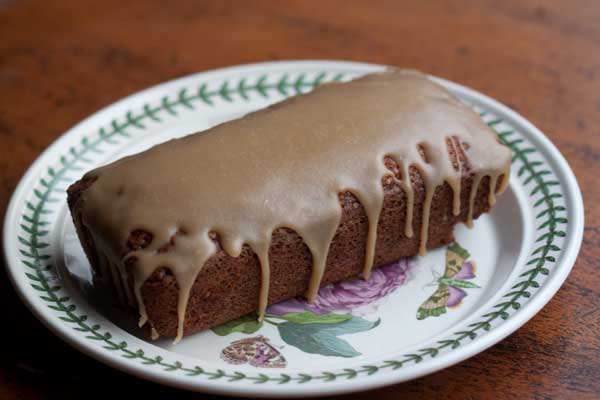 loaf pan applesauce cake with caramel icing.