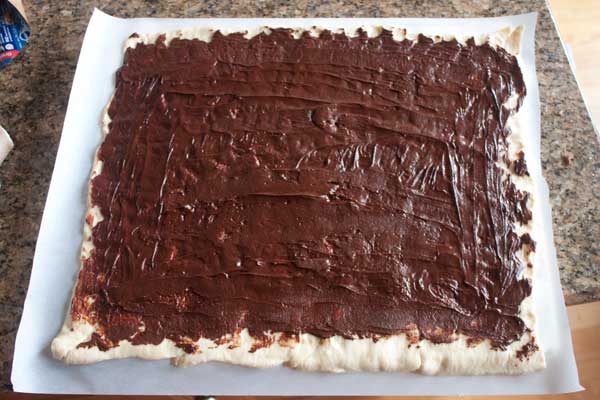 Babka made with crescent dough topped with chocolate.