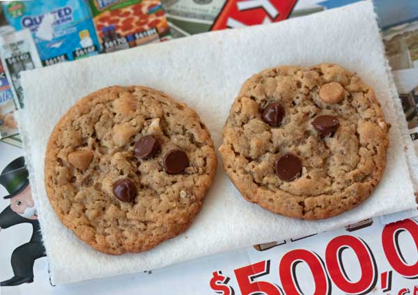 Peanut Butter Bran Cereal Cookies on a napkin with a Monopoly themed background.