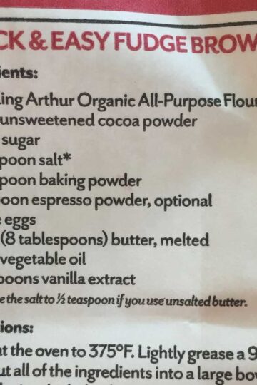 King Arthur All Purpose Flour bag Quick & Easy Fudge Brownies made in one bowl.