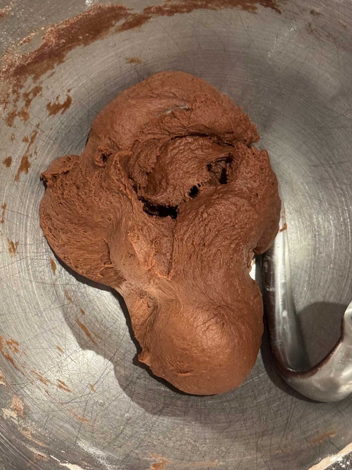 Chocolate bagel dough ready to shape.