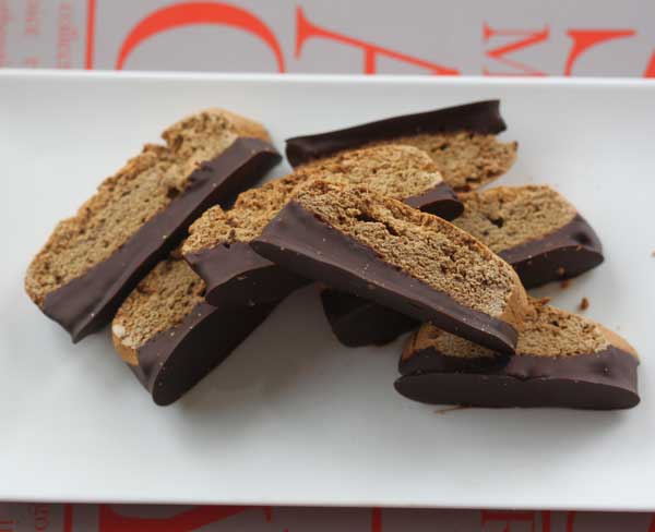 Cassava flour biscotti dipped in chocolate