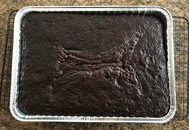 Classic Chocolate Cake recipe prepared in a disposable 9x13 inch pan.
