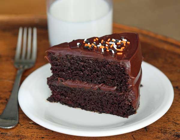 Classic Chocolate Layer Cake with Halloween sprinkles on top.