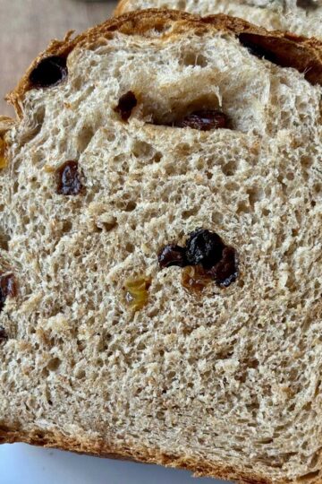 Basic raisin bread recipe with all-purpose or bread flour combined with whole wheat flour.