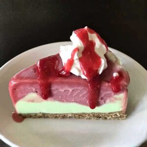 Slice of Raspberry Lime Sherbet Cake inspired by Lily Pulitzer.