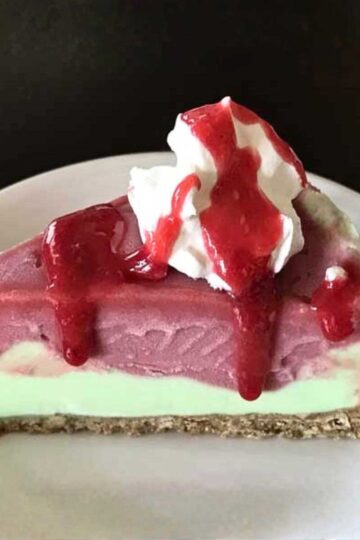 Slice of Raspberry Lime Sherbet Cake inspired by Lily Pulitzer.
