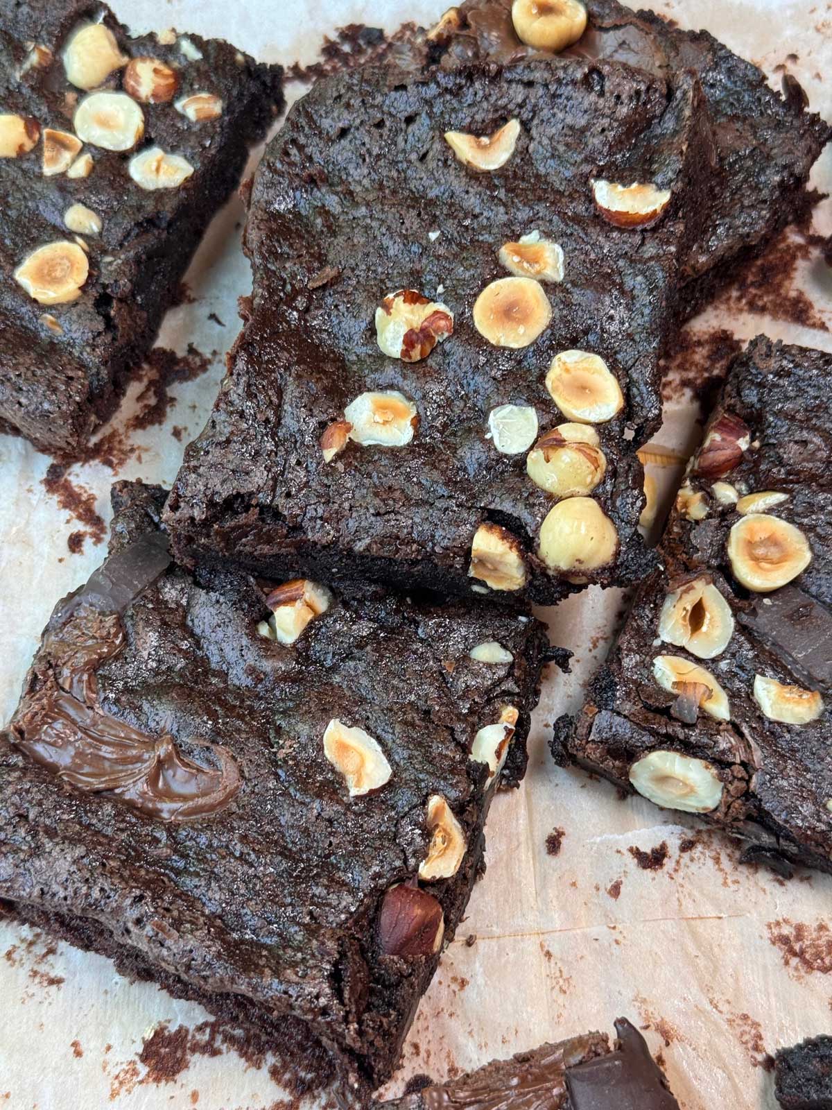 Fudgy brownies made with neutral sunflower oil, hazelnuts and a swirl of Nutella.