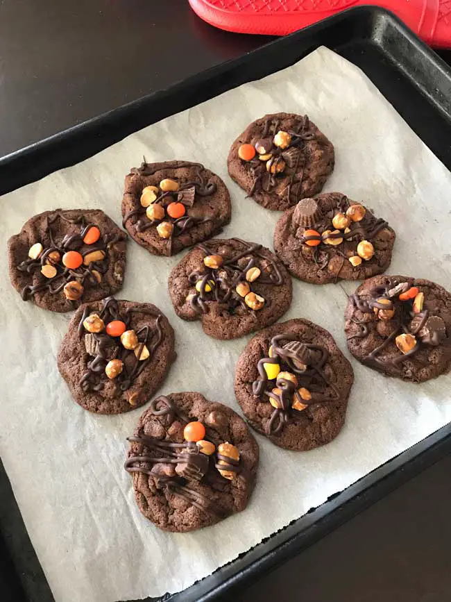 3d Chewy Chocolate Cookies topped with melted chocolate and Reese's Snack Mix