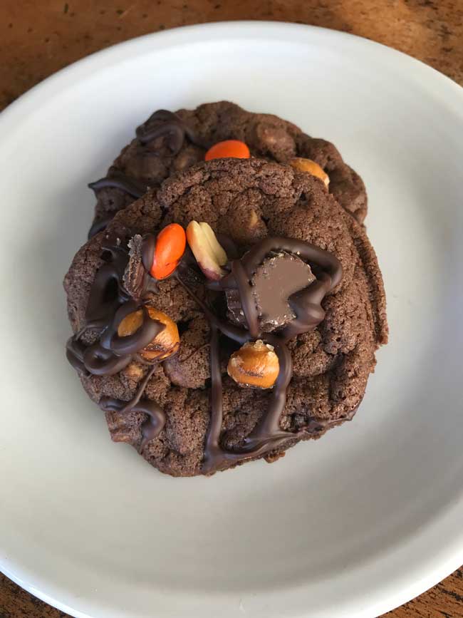 Chewy double chocolate cookies made with Reese's Snack MIx