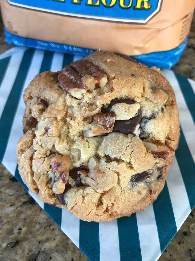 Picture of a crinkly, crumbly chocolate chip cookie made with browned butter and molasses.