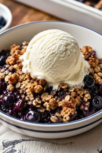 Blueberry Crisp for two, baked in a loaf pan and served in bowls with ice cream on top.