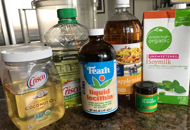 Ingredients for homemade vegan butter otherwise known as vegan margarine plant butter.