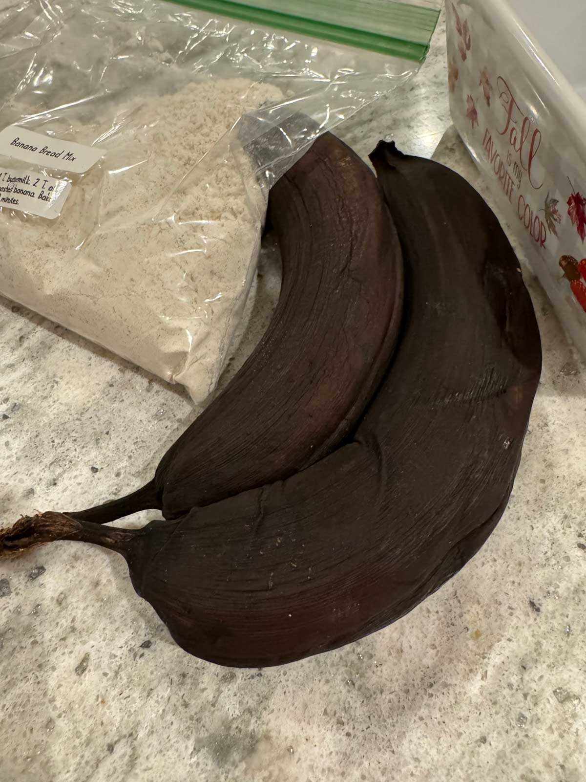 Very ripe black bananas for making banana bread.