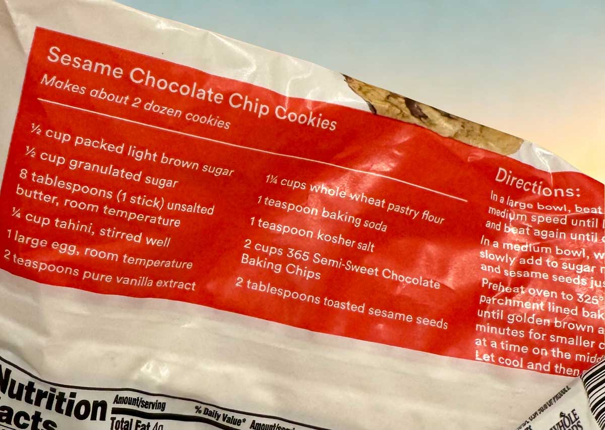 Sesame Chocolate Chip Cookies recipe from the back of the 365 Whole Foods Market Semi-Sweet Chocolate Baking Chips bag.