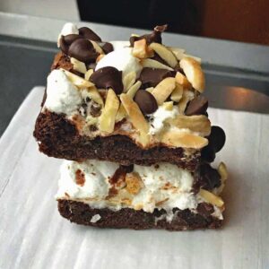 Loaf Pan Rocky Road Brownies baked in a foil lined 9x5 inch loaf pan.