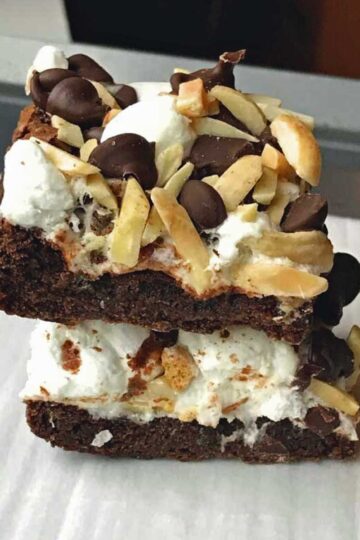 Loaf Pan Rocky Road Brownies baked in a foil lined 9x5 inch loaf pan.