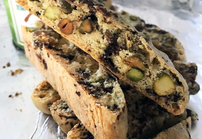chocolate chunk roasted pistachio oil biscotti