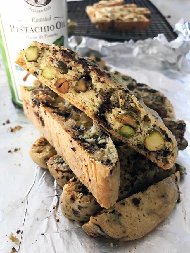 chocolate chunk roasted pistachio oil biscotti