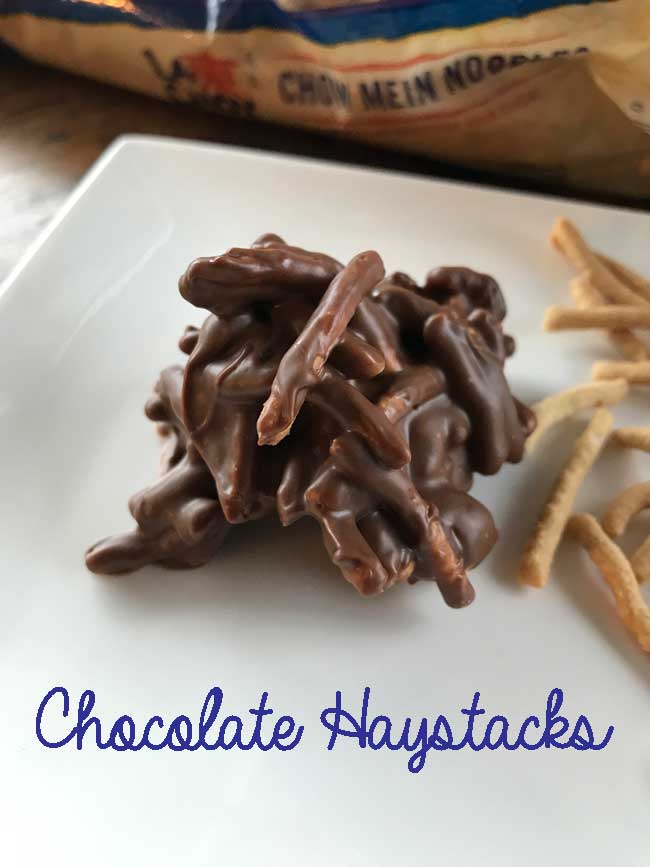 Chocolate Haystacks also known as Noodle Clusters with Chow Mein noodles.
