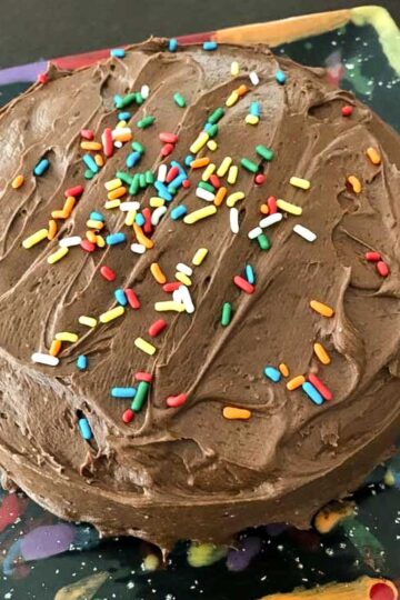 Instant Pot Chocolate Cake baked in a 6-inch round metal cake pan.