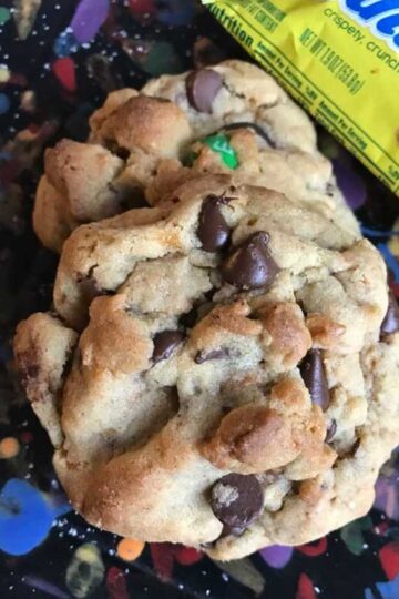 Thick chocolate chip cookies with chopped up new improved Butterfinger candy bars.
