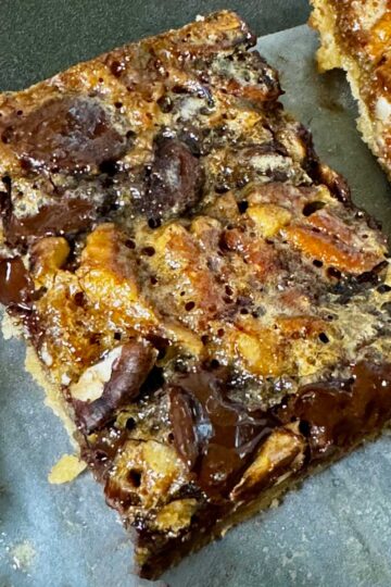 Chocolate Pecan Pie Bars baked in a mini sheet pan.