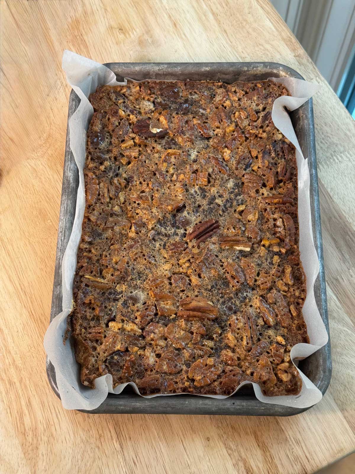 Chocolate Pecan Pie Pars baked in a mini sheet pan.