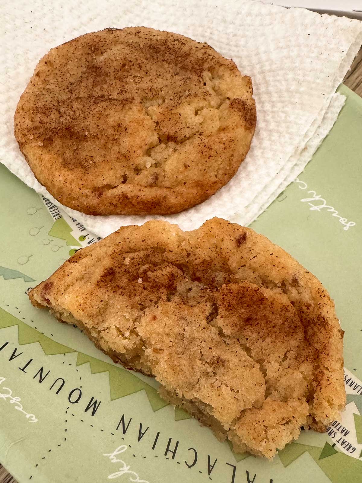 Texture of soft and chewy vegan Snickerdoodles made with date paste.