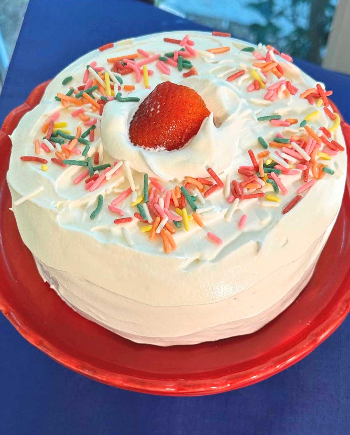 A strawberry ice cream cake baked in six inch pans.